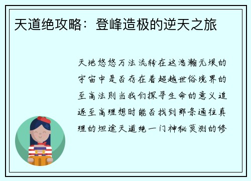 天道绝攻略：登峰造极的逆天之旅